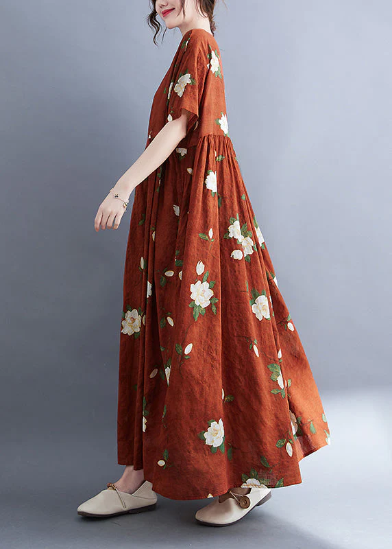 Boho Rust O-Neck Patchwork Print Vacation Maxi Dresses Short Sleeve - Image 5