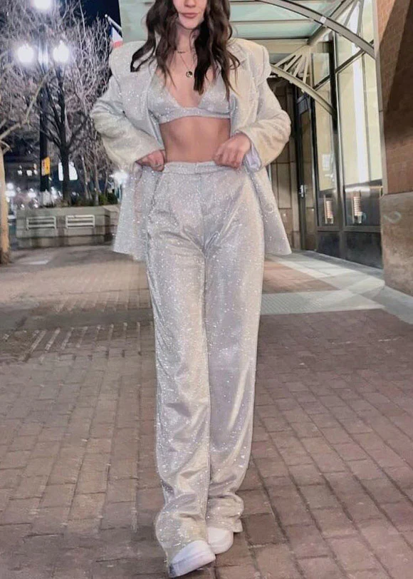Boho Silver Notched Sequins Coats ,Vest And Straight Pants Three Piece Set Fall - Image 3