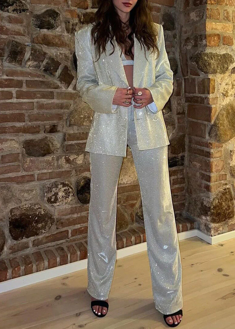 Boho Silver Notched Sequins Coats ,Vest And Straight Pants Three Piece Set Fall - Image 4