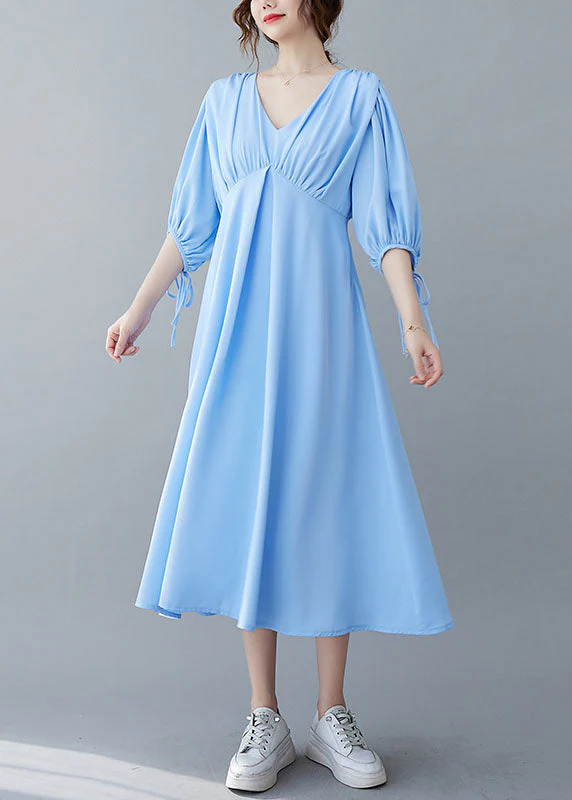 Boho Solid Blue V Neck Wrinkled Chiffon Long Dresses Bracelet Sleeve