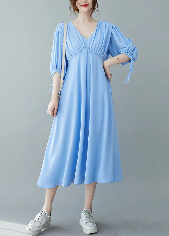 Boho Solid Blue V Neck Wrinkled Chiffon Long Dresses Bracelet Sleeve - Image 2