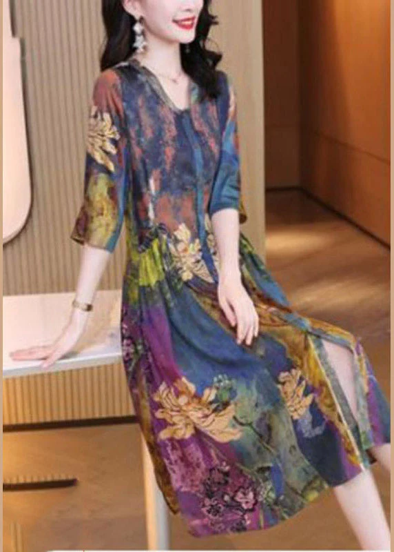 Boho V Neck Print Cinched Button Dresses Half Sleeve - Image 2