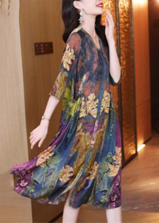 Boho V Neck Print Cinched Button Dresses Half Sleeve - Image 3