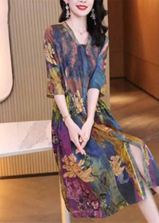 Boho V Neck Print Cinched Button Dresses Half Sleeve - Image 4