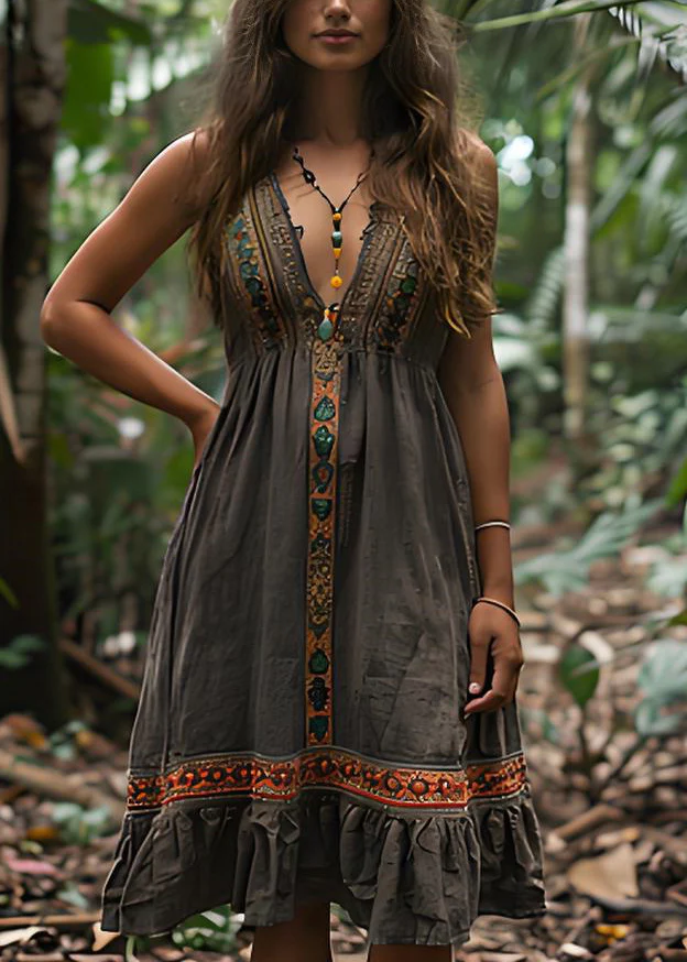 Boho V Neck Print Wrinkled Cotton Spaghetti Strap Dress Summer - Image 3