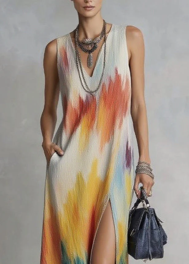 Boho V Neck Side Open Print Long Dresses Sleeveless - Image 2