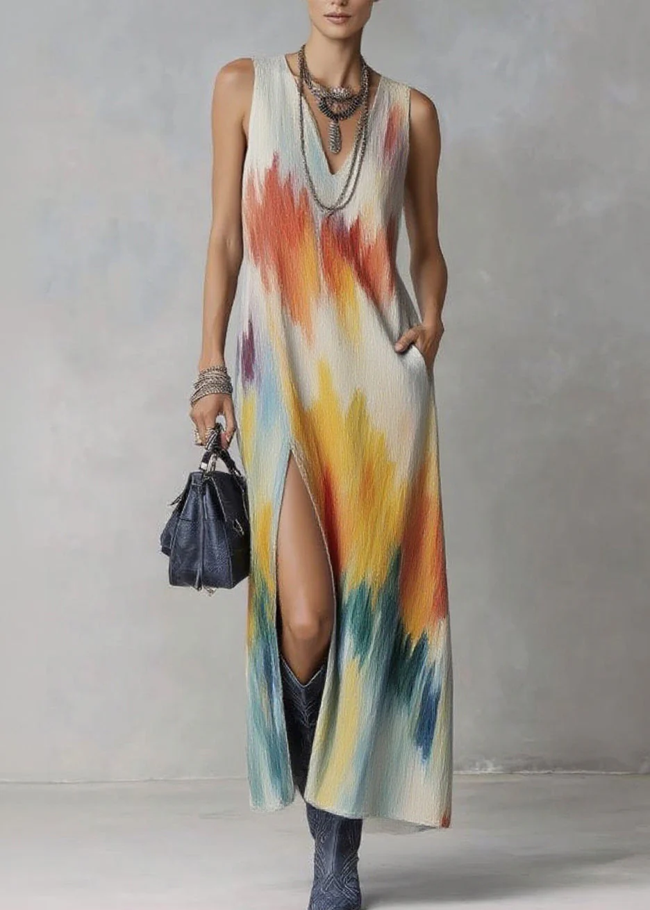 Boho V Neck Side Open Print Long Dresses Sleeveless - Image 3