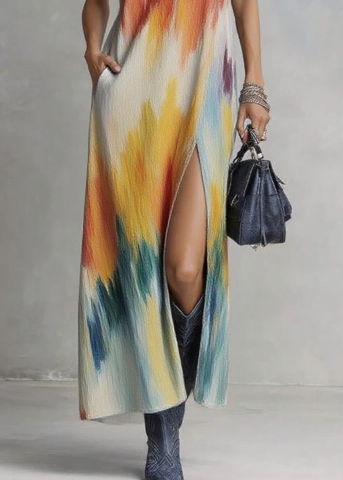 Boho V Neck Side Open Print Long Dresses Sleeveless - Image 4