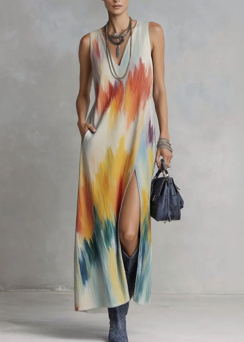 Boho V Neck Side Open Print Long Dresses Sleeveless - Image 5