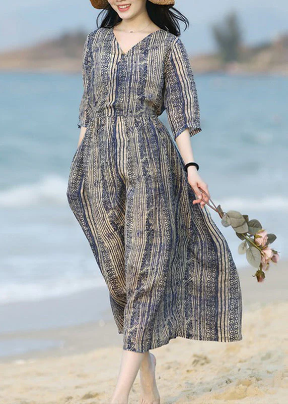Boho V Neck Striped Print Patchwork Ramie Long Dress Summer - Image 3