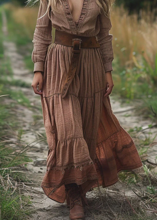 Boho V Neck Wrinkled Patchwork Cotton Long Dress Spring - Image 4