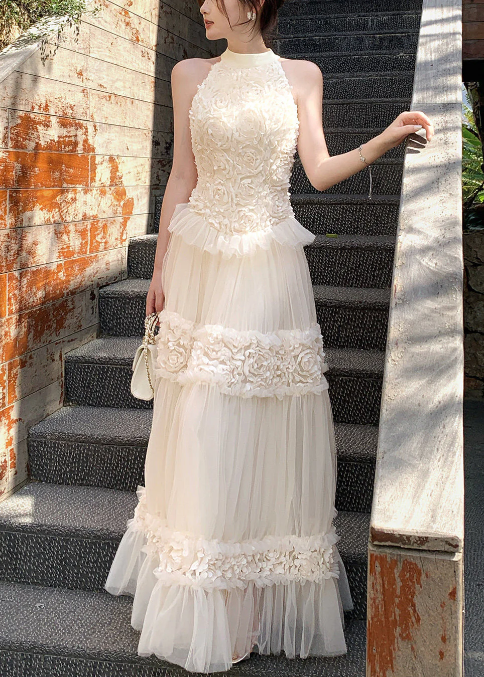 Boho White Cold Shoulder Floral Tulle Party Dress Summer - Image 3