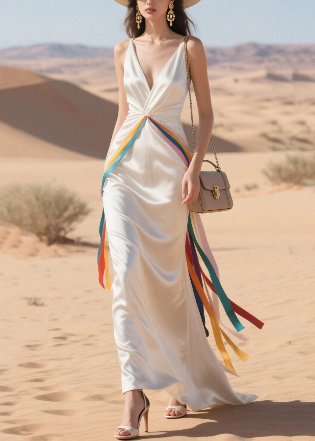 Boho White Draping Patchwork Multicolour Ribbon Silk Party Dress Summer - Image 3