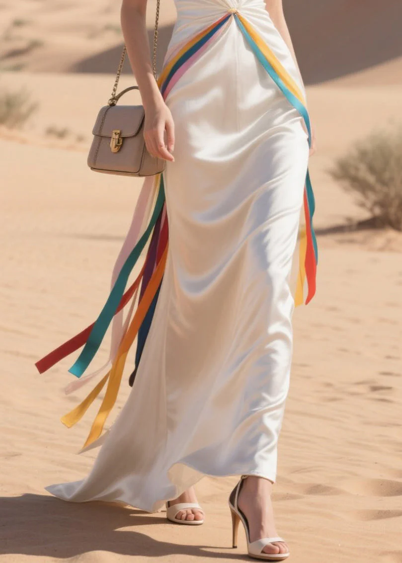Boho White Draping Patchwork Multicolour Ribbon Silk Party Dress Summer - Image 4