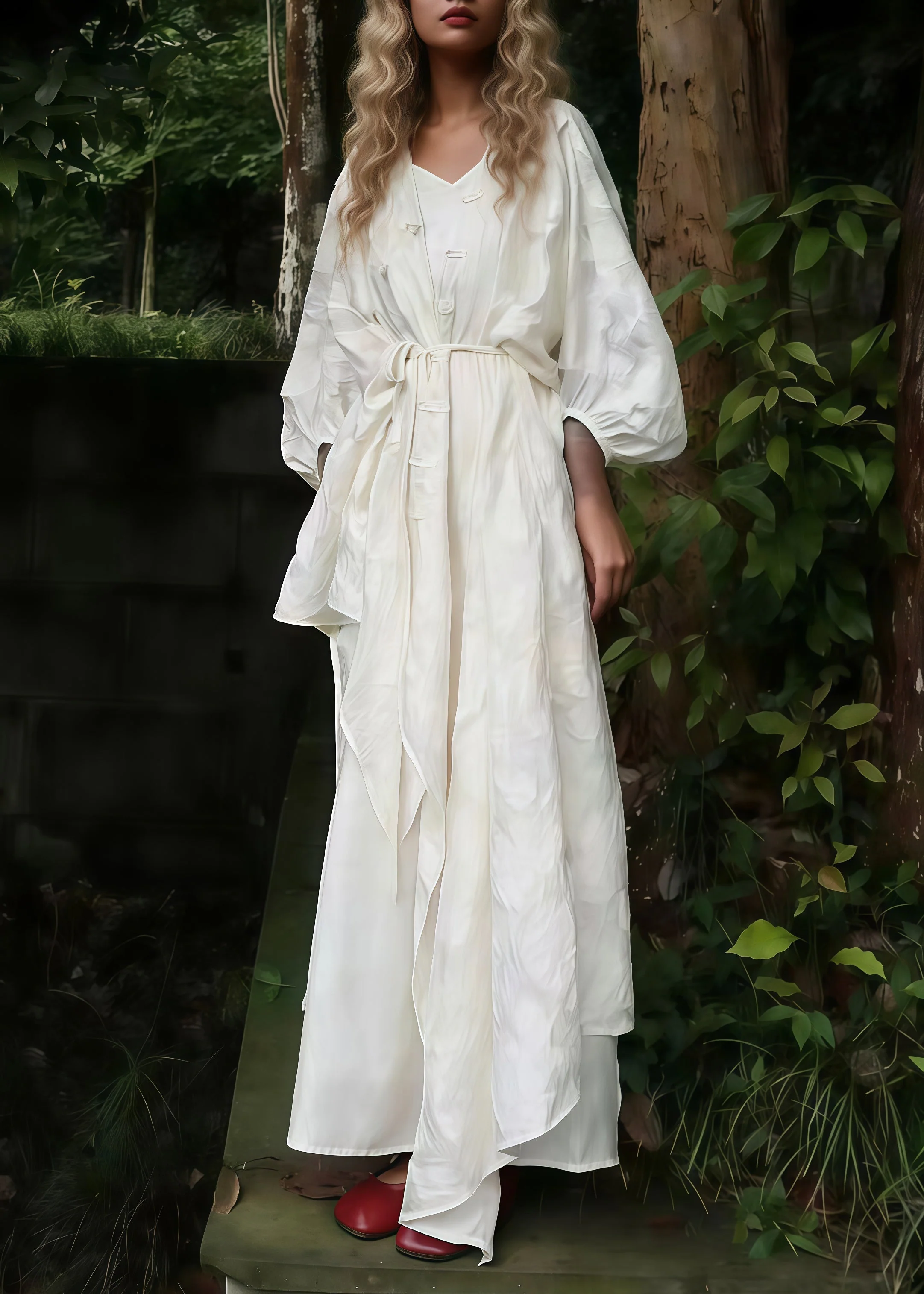 Boho White Oversized Jacquard Cotton Cardigan And Long Dress 2 Piece Outfit Spring - Image 3