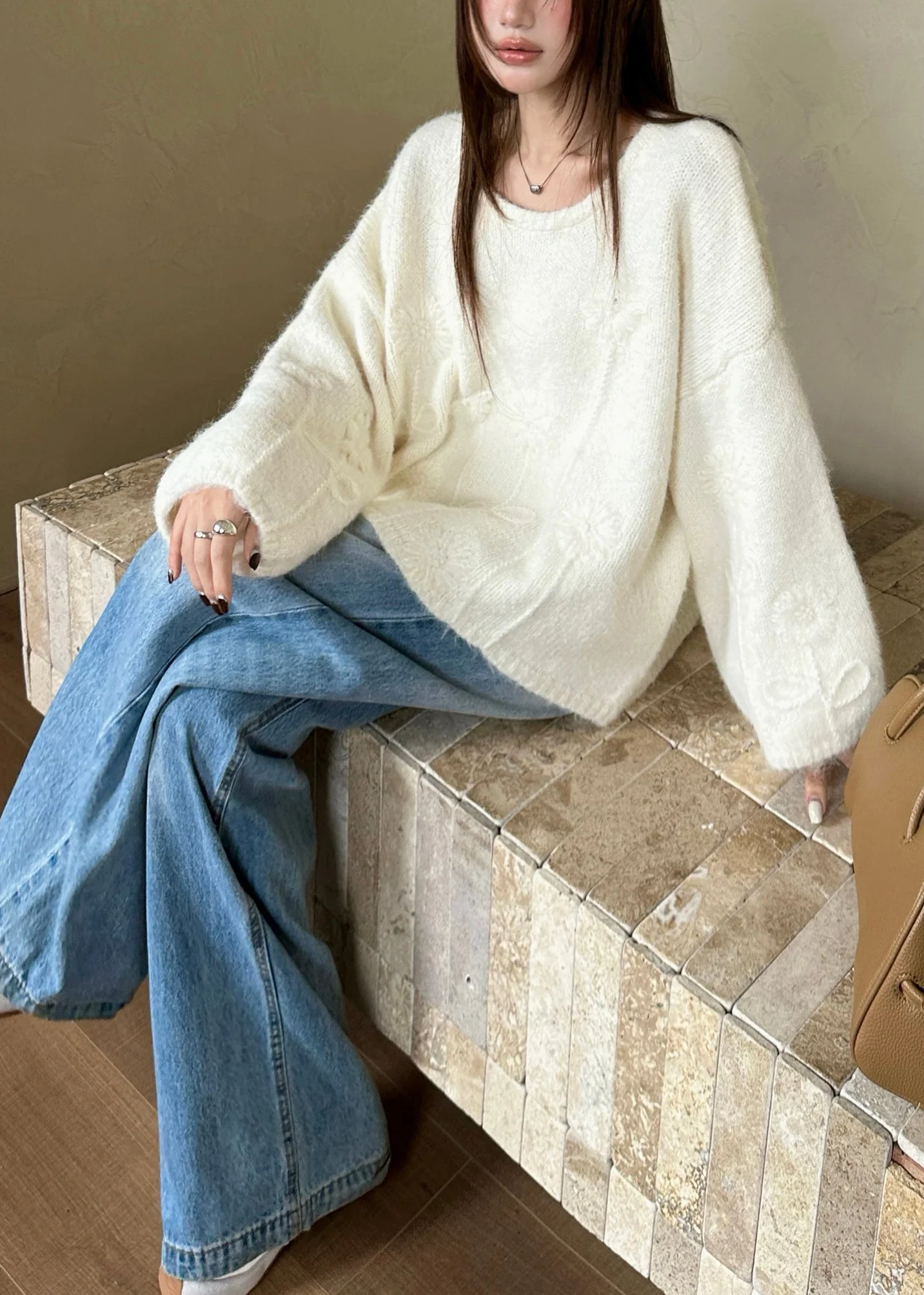 Boho White Oversized Jacquard Knit Sweaters Winter - Image 3