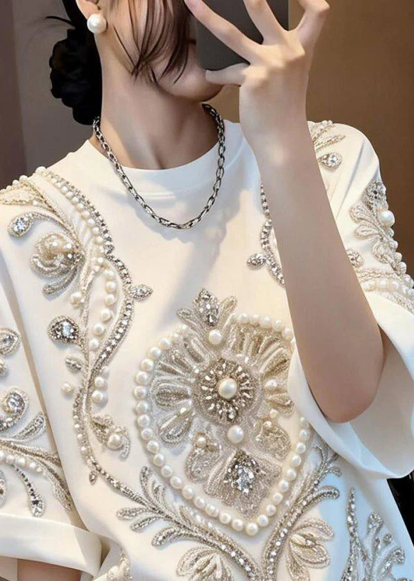 Boho White Patchwork Nail Bead Zircon T Shirt Summer - Image 2