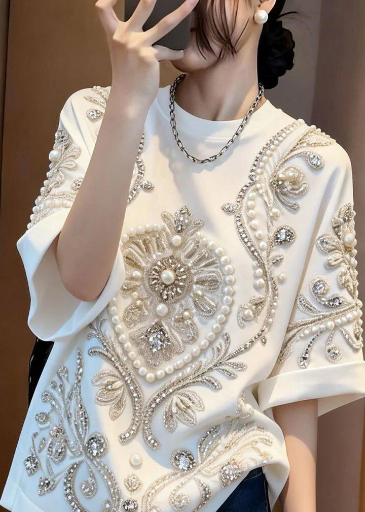 Boho White Patchwork Nail Bead Zircon T Shirt Summer - Image 3