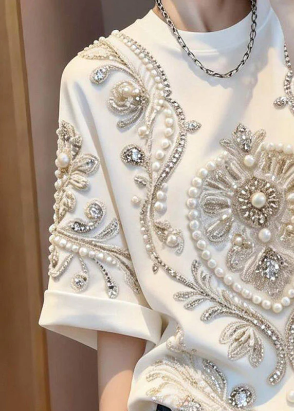Boho White Patchwork Nail Bead Zircon T Shirt Summer - Image 4