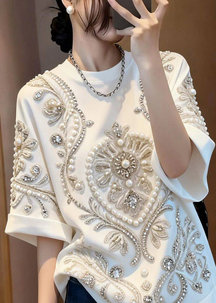 Boho White Patchwork Nail Bead Zircon T Shirt Summer - Image 5
