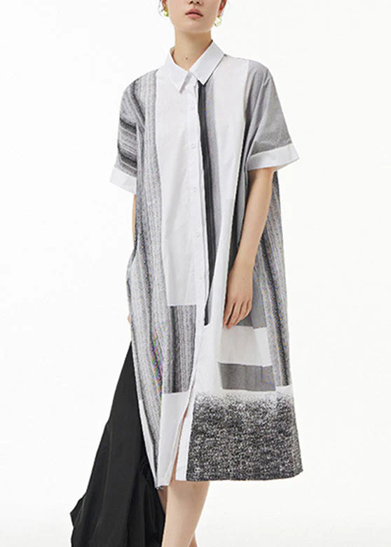 Boho White Peter Pan Collar Striped Cotton Maxi Shirt Dress Summer - Image 2