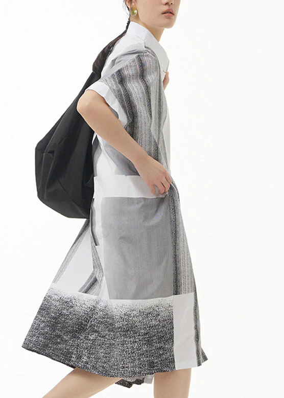 Boho White Peter Pan Collar Striped Cotton Maxi Shirt Dress Summer - Image 3