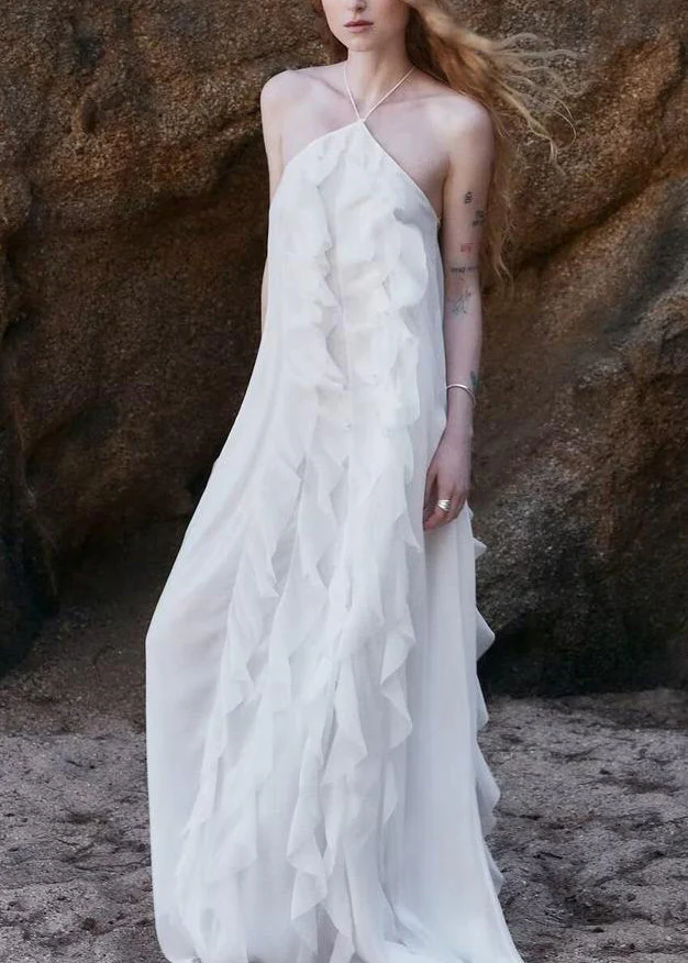 Boho White Ruffled Backless Lace Up Chiffon Maxi Dress Sleeveless