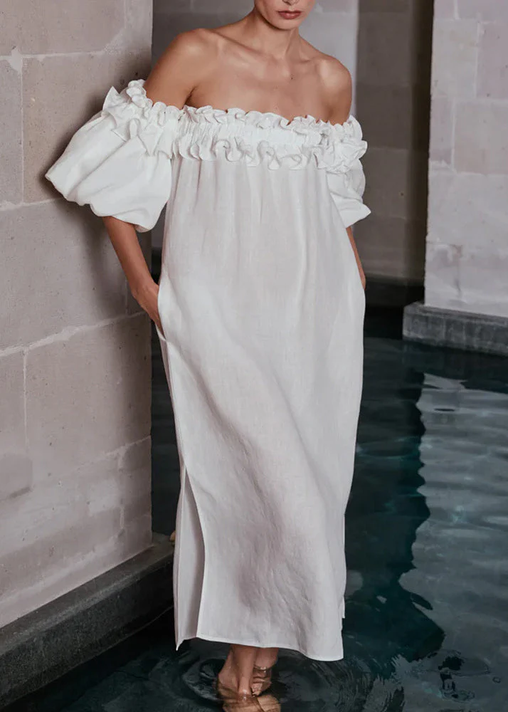 Boho White Slash Neck Ruffled Side Open Cotton Vacation Dresses Puff Sleeve - Image 2