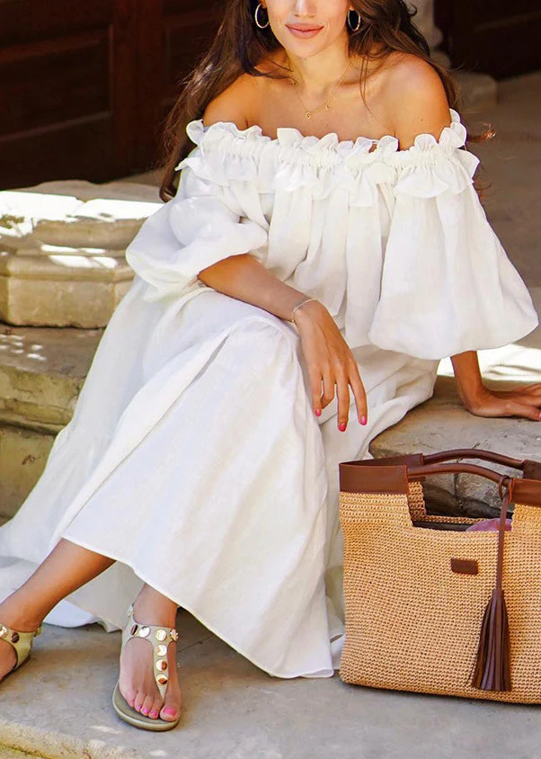 Boho White Slash Neck Ruffled Side Open Cotton Vacation Dresses Puff Sleeve - Image 3