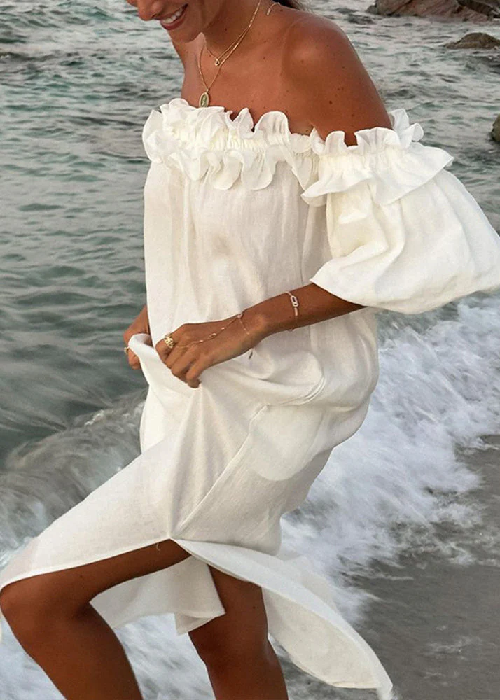 Boho White Slash Neck Ruffled Side Open Cotton Vacation Dresses Puff Sleeve - Image 4