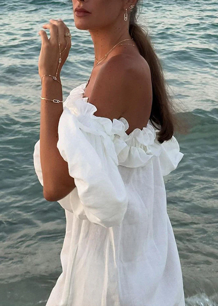 Boho White Slash Neck Ruffled Side Open Cotton Vacation Dresses Puff Sleeve - Image 5