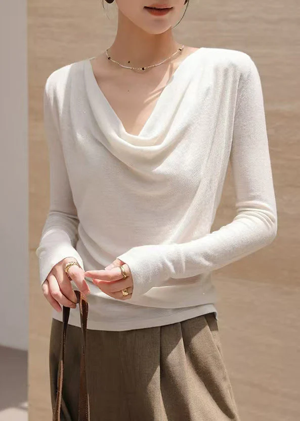 Boho White Turtle Neck Wool Knit Blouse Top Spring - Image 3