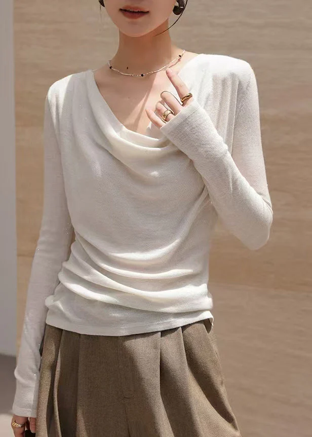 Boho White Turtle Neck Wool Knit Blouse Top Spring - Image 4