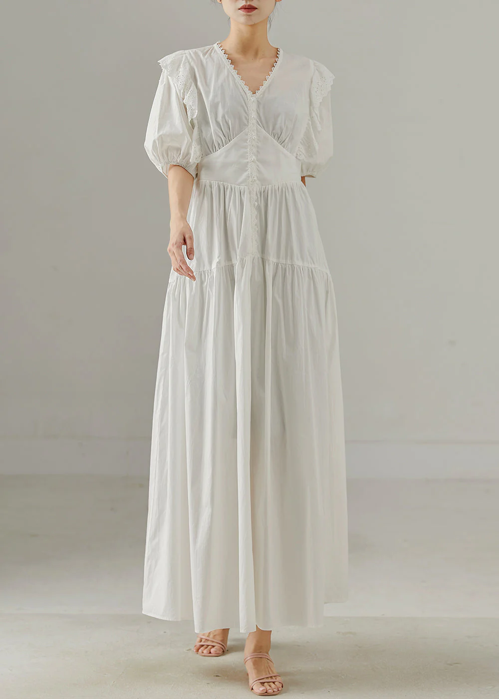 Boho White V Neck Patchwork Cotton Party Dress Summer - Image 3