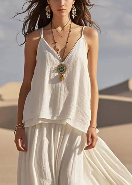 Boho White V Neck Patchwork Cotton Spaghetti Strap Dress Summer - Image 2