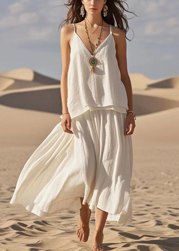 Boho White V Neck Patchwork Cotton Spaghetti Strap Dress Summer - Image 3