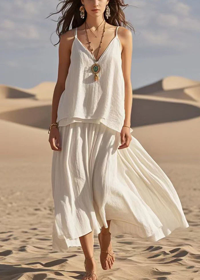 Boho White V Neck Patchwork Cotton Spaghetti Strap Dress Summer - Image 5