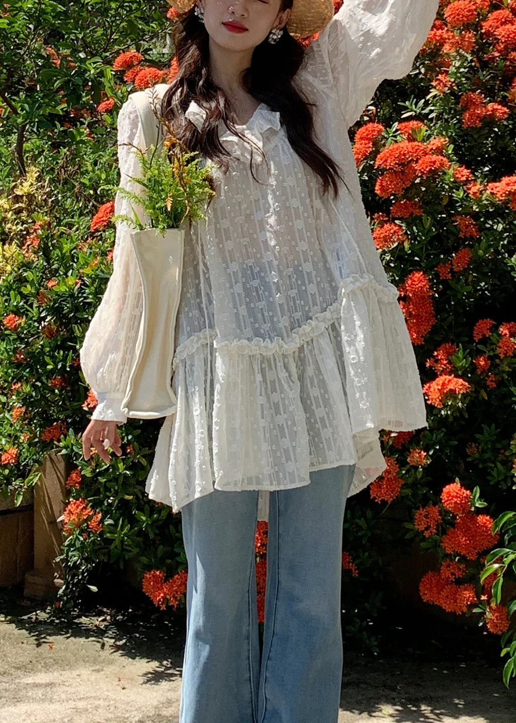 Boho White V Neck Ruffled Cotton Mini Dresses Fall - Image 2