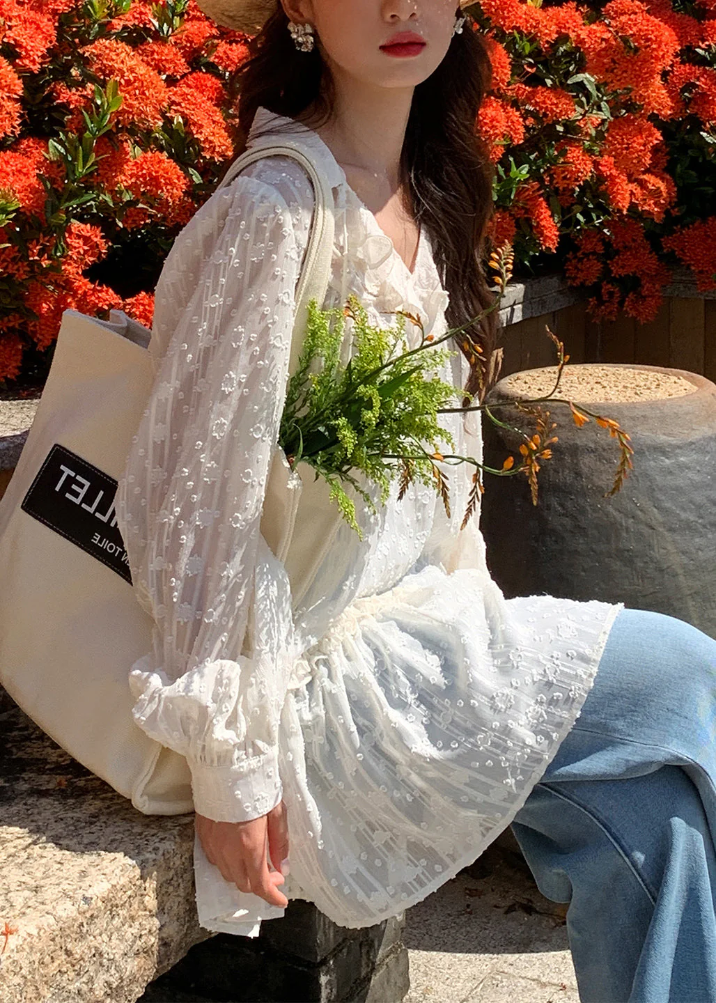 Boho White V Neck Ruffled Cotton Mini Dresses Fall - Image 3