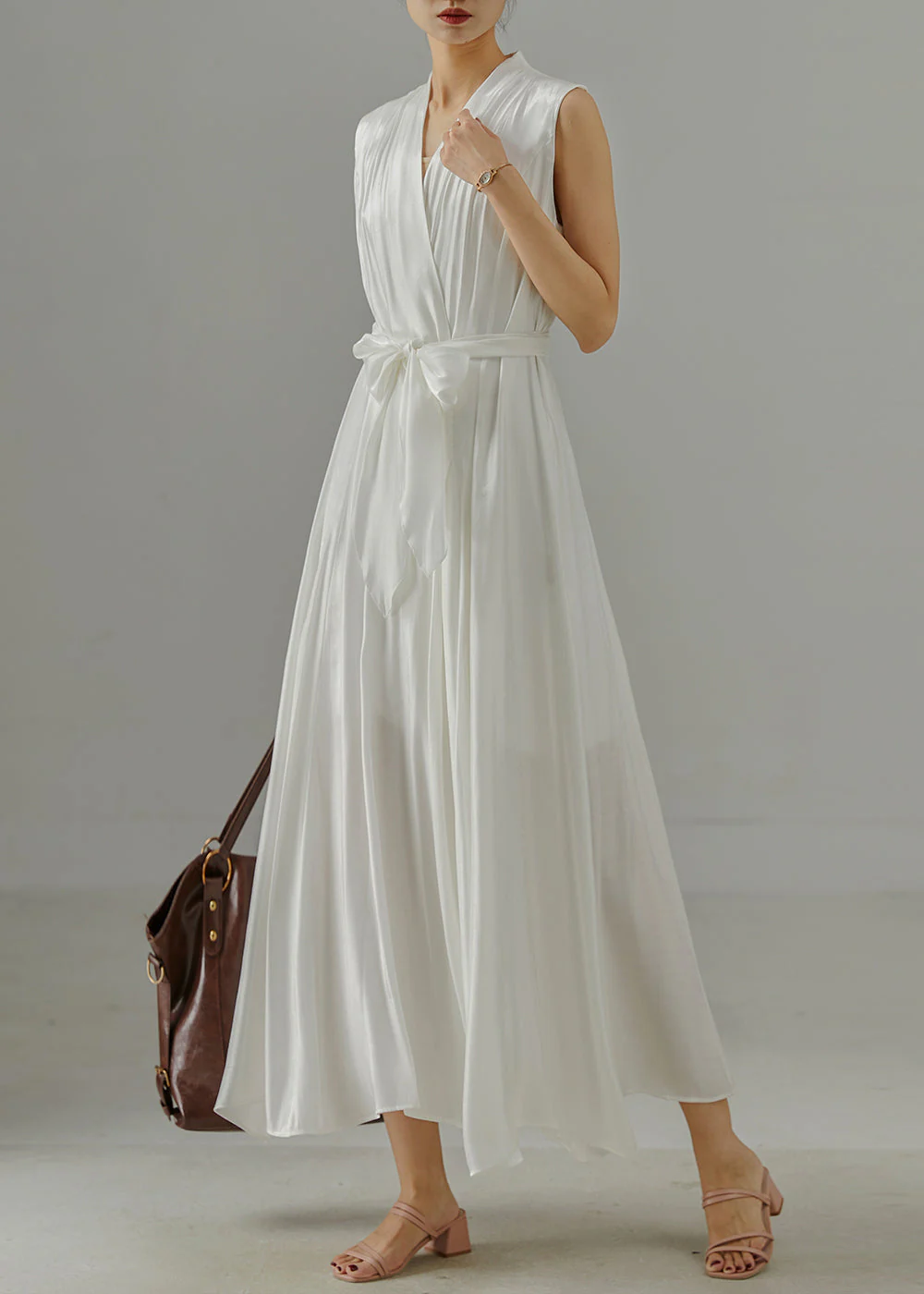 Boho White V Neck Tie Waist Cotton Dress Sleeveless - Image 2