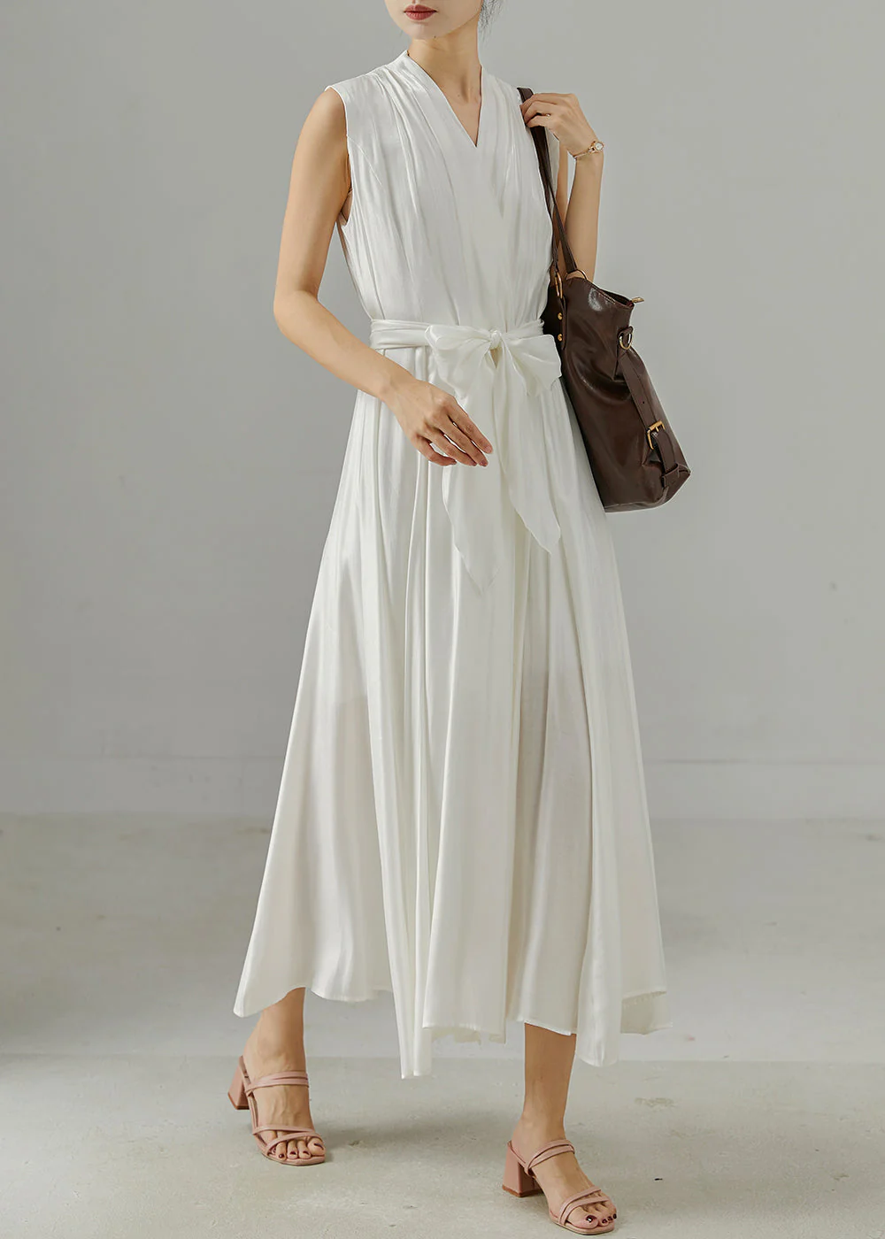 Boho White V Neck Tie Waist Cotton Dress Sleeveless - Image 3