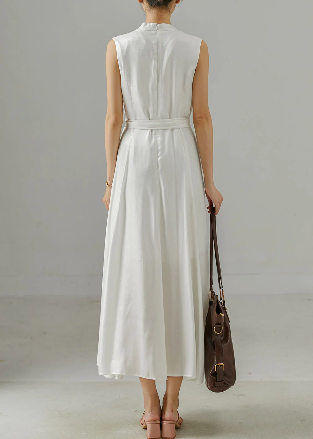 Boho White V Neck Tie Waist Cotton Dress Sleeveless - Image 4