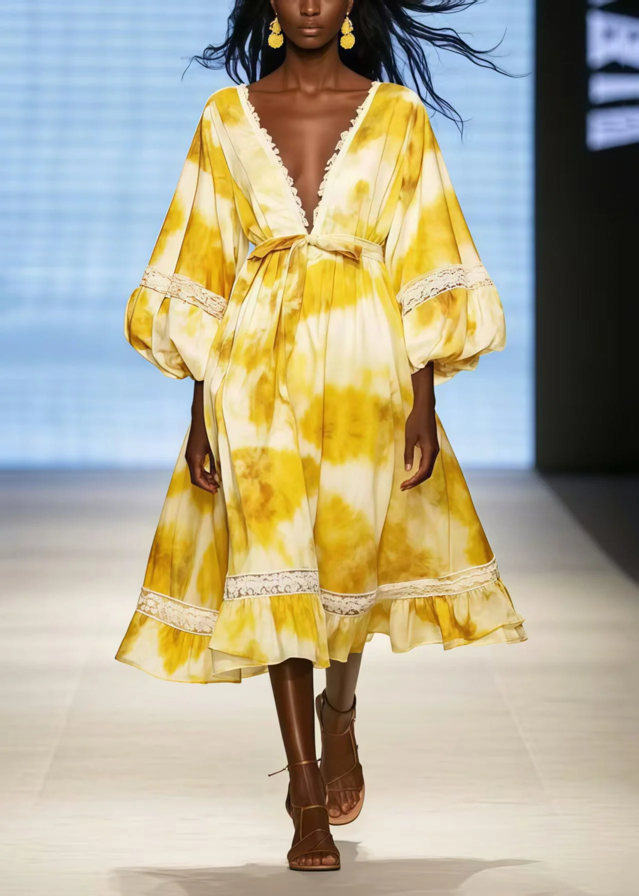 Boho Yellow Deep-V Neck Tie Dye Chiffon Dress Lantern Sleeve - Image 3