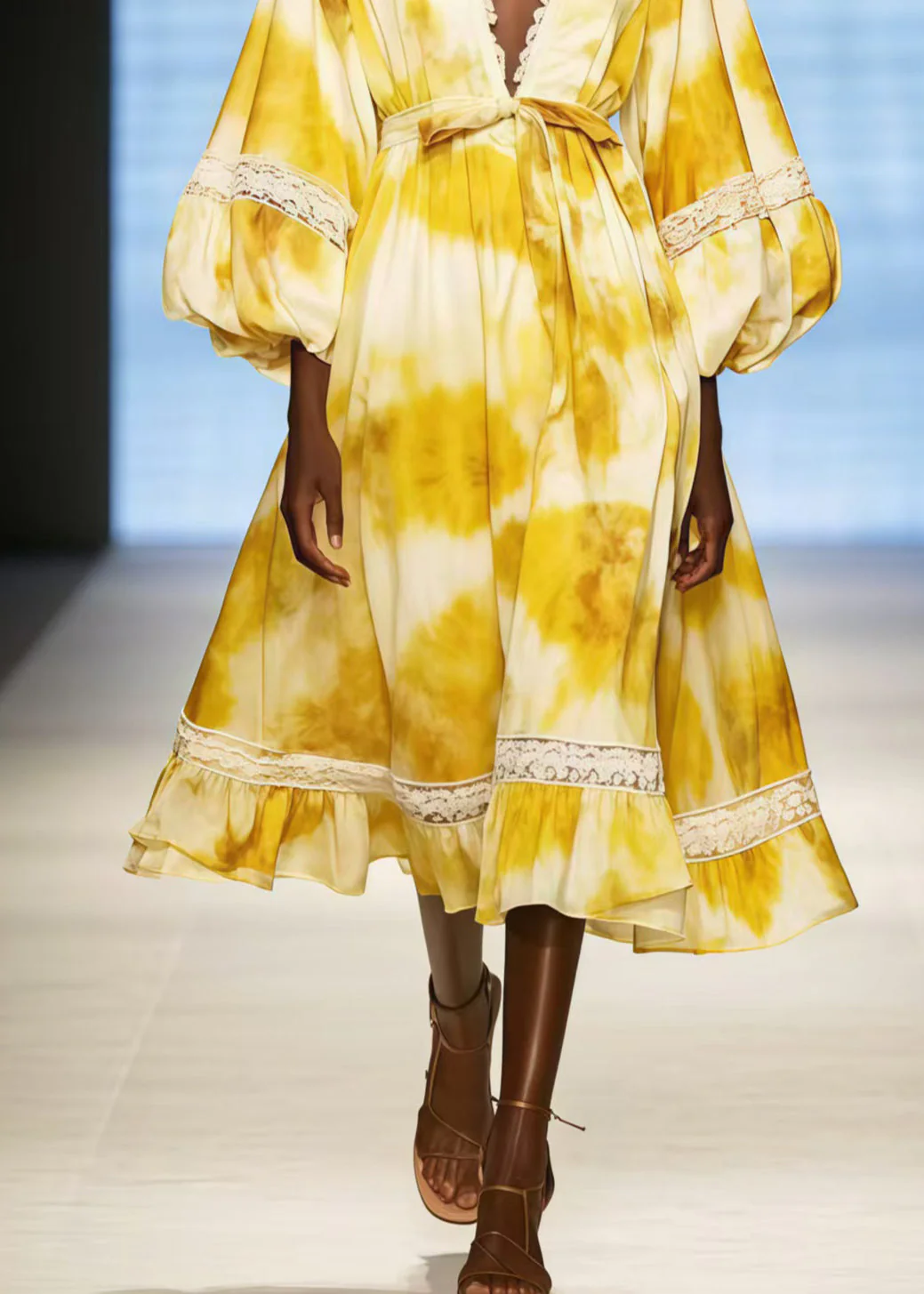 Boho Yellow Deep-V Neck Tie Dye Chiffon Dress Lantern Sleeve - Image 4