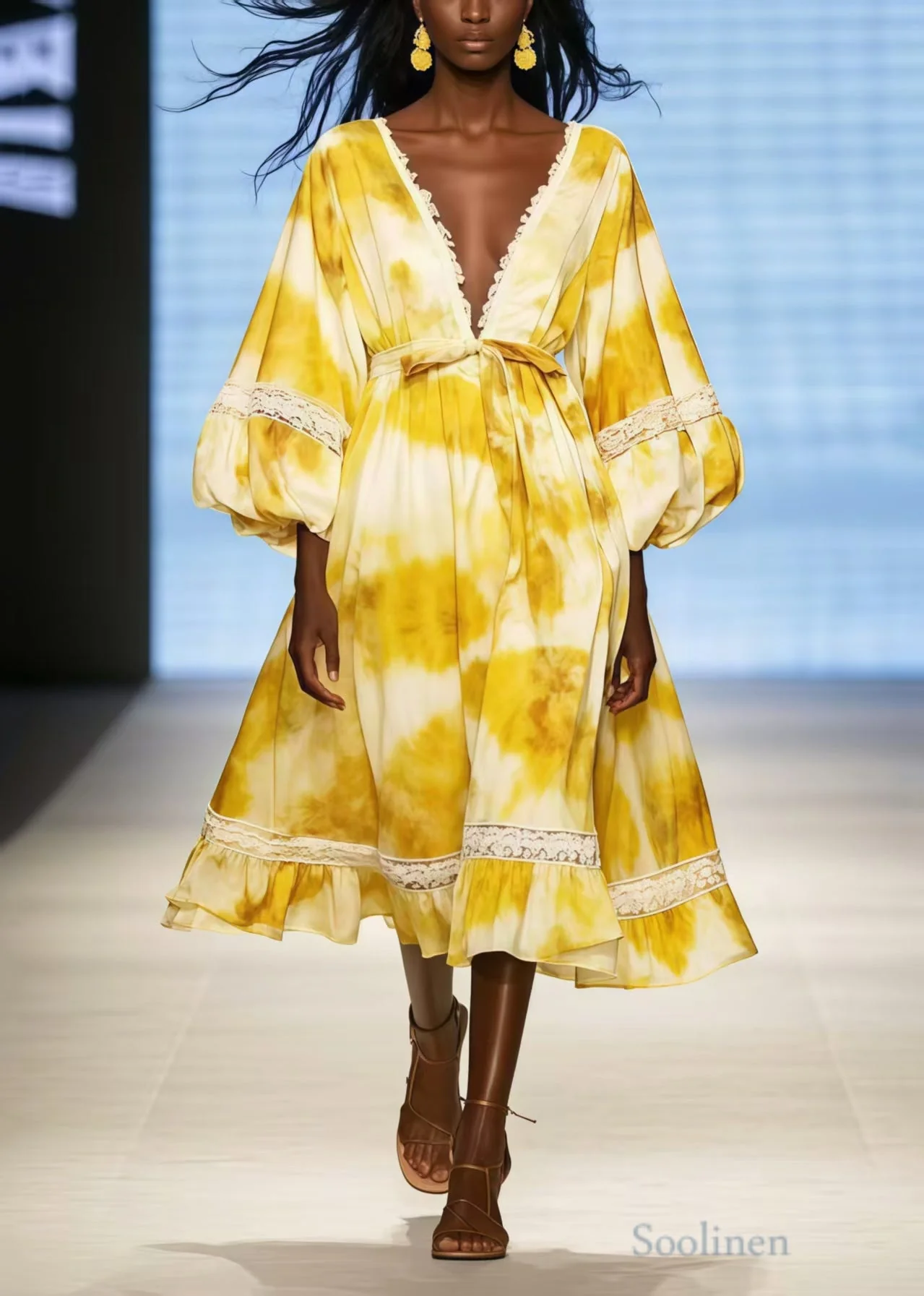 Boho Yellow Deep-V Neck Tie Dye Chiffon Dress Lantern Sleeve - Image 5
