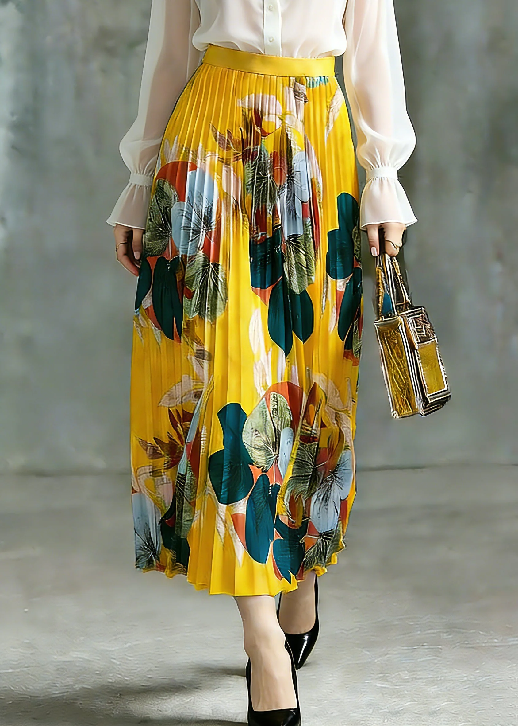 Boho Yellow Elastic Waist A Line Skirt Spring