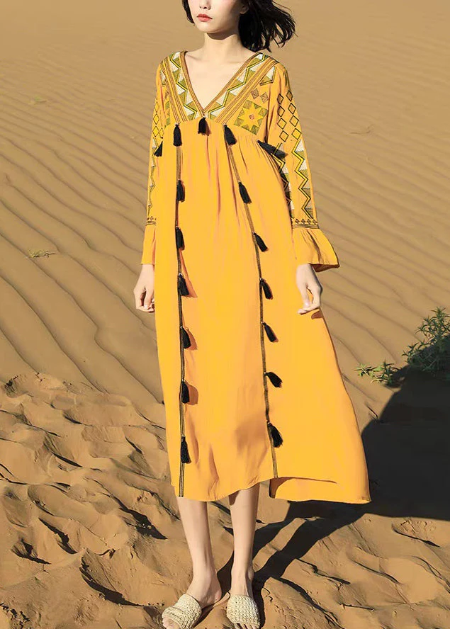 Boho Yellow Embroidered Tasseled Patchwork Cotton Dress Fall