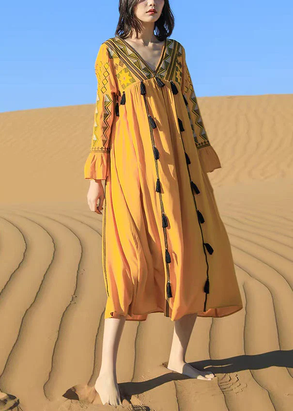 Boho Yellow Embroidered Tasseled Patchwork Cotton Dress Fall - Image 3