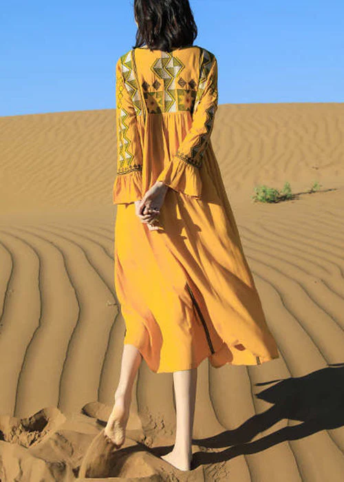 Boho Yellow Embroidered Tasseled Patchwork Cotton Dress Fall - Image 4