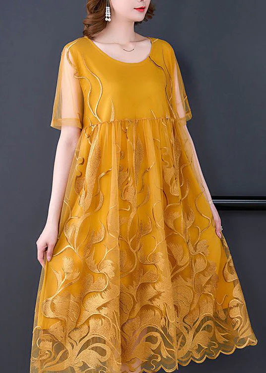 Boho Yellow Embroideried Hollow Out Tulle Dress Summer - Image 2